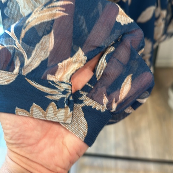 XXL teal w/cream floral Ann Taylor blouse one button cuff long sleeve scoop neck - Picture 7 of 12